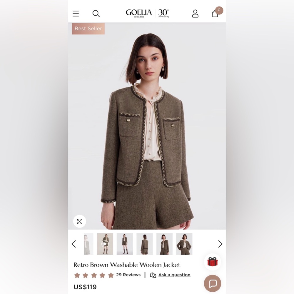 Goelia 100% Merino Wool Women's Jacket Brown Herringbone Size Small